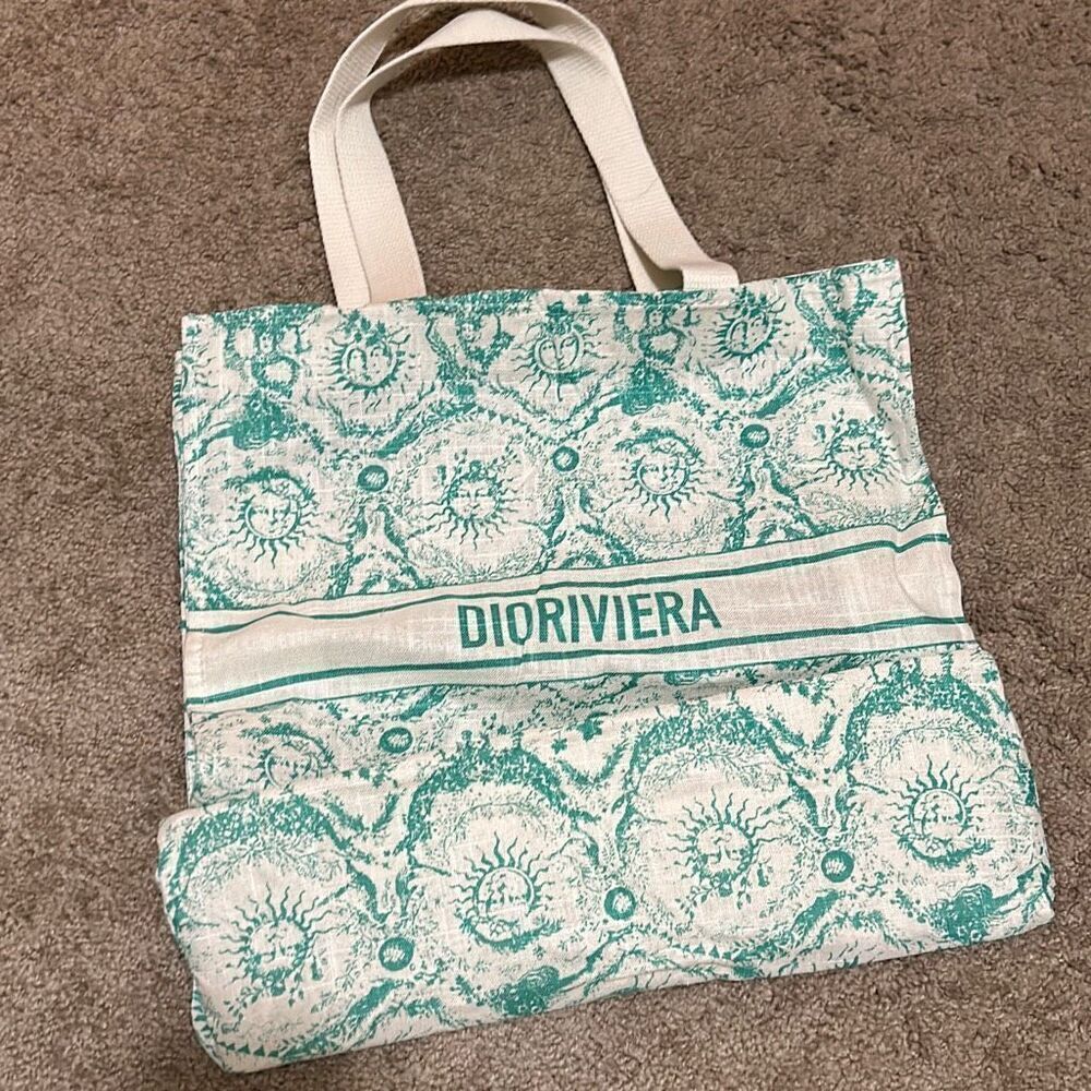 Christian Dior Canvas Tote Green White Celestial Sun Print Dioriviera Beach Bag - Picture 2 of 8